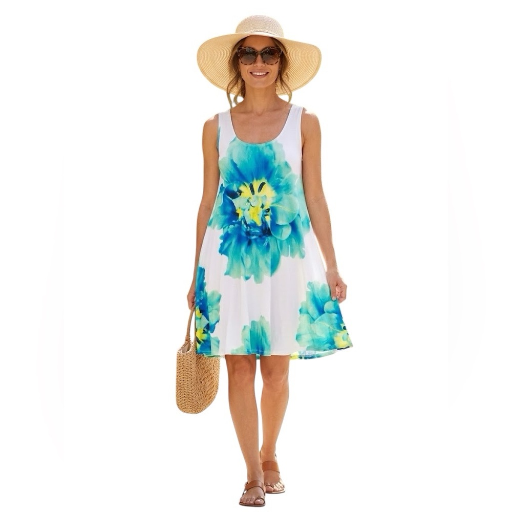 Boston Proper White Sundress with Blue and Teal Floral Print